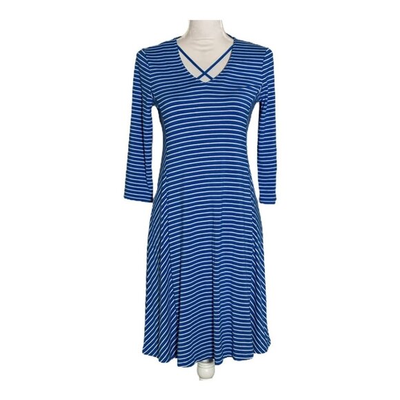 Chico’s Blue White Stripe Fit & Flare Dress XS US 2 Work Casual - Picture 1 of 10